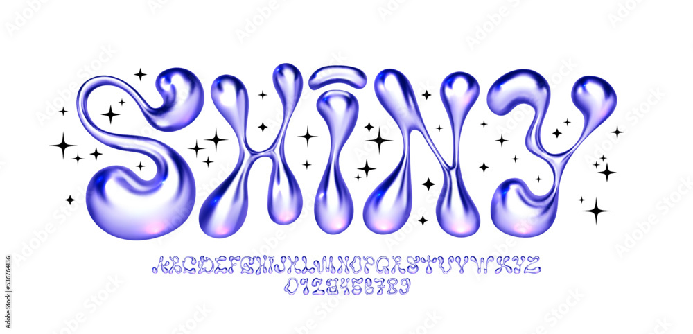 Vecteur Stock Metallic y2k font. Liquid bubble iron alphabet with ...