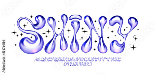 Metallic y2k font. Liquid bubble iron alphabet with melted letters and funky numbers. Glossy 3D flux type face vector set photo