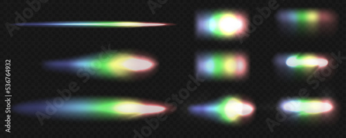 Rainbow crystal light leak flare reflection. Colorful optical rainbow lights beam lens flare leak overlay streaks. Vector illustration.
