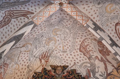 Obraz na płótnie Angels on the djungement day, gothic wall-paintings in the vaults of Kirke Hyllinge w salonie