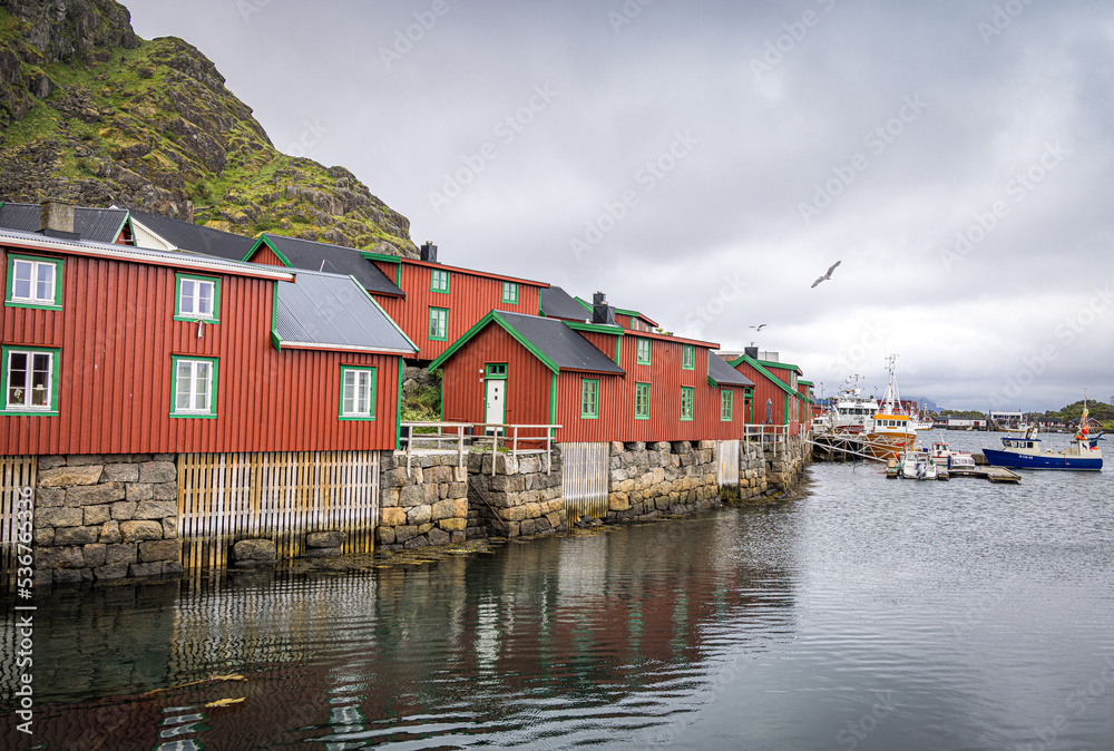 Houses on Vestfjorden at Stamsund, Lofoten Islands, Nordland, Norway