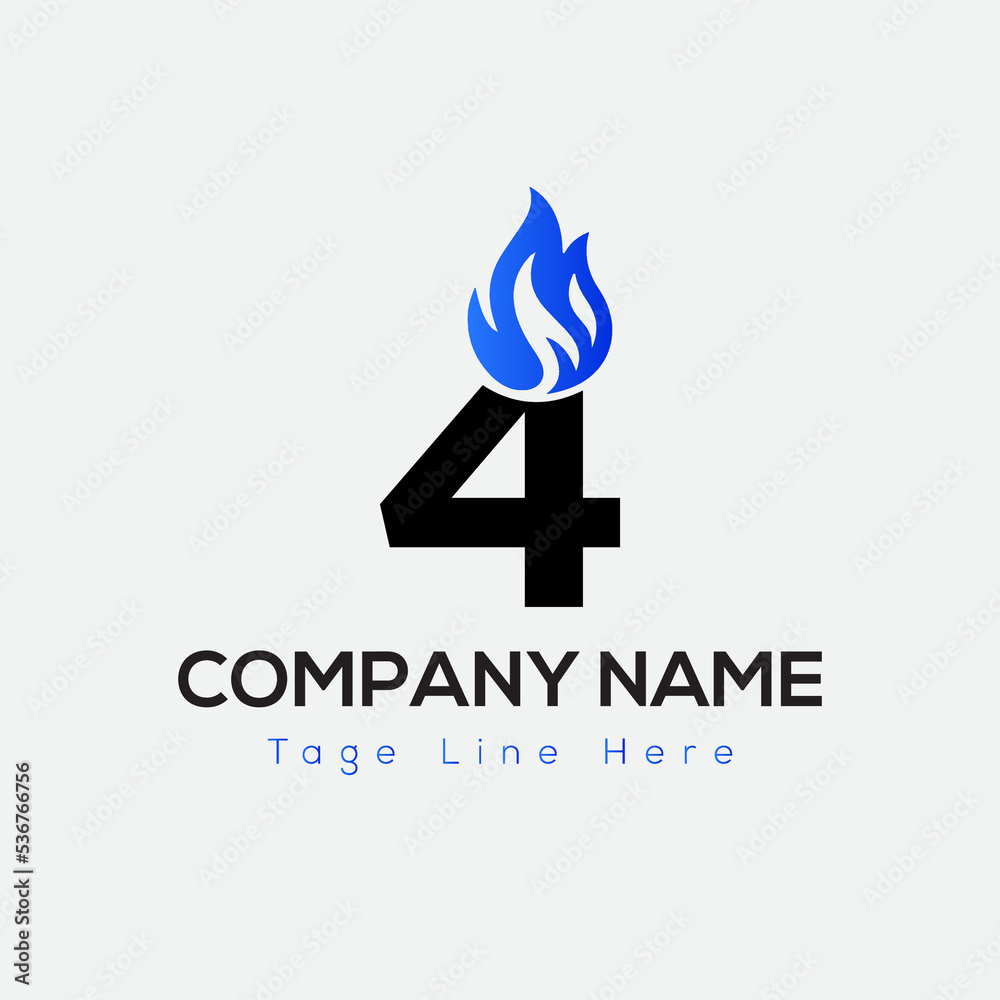 Blue Fire Logo On Letter 4 Template. Blue Fire On 4 Letter, Initial