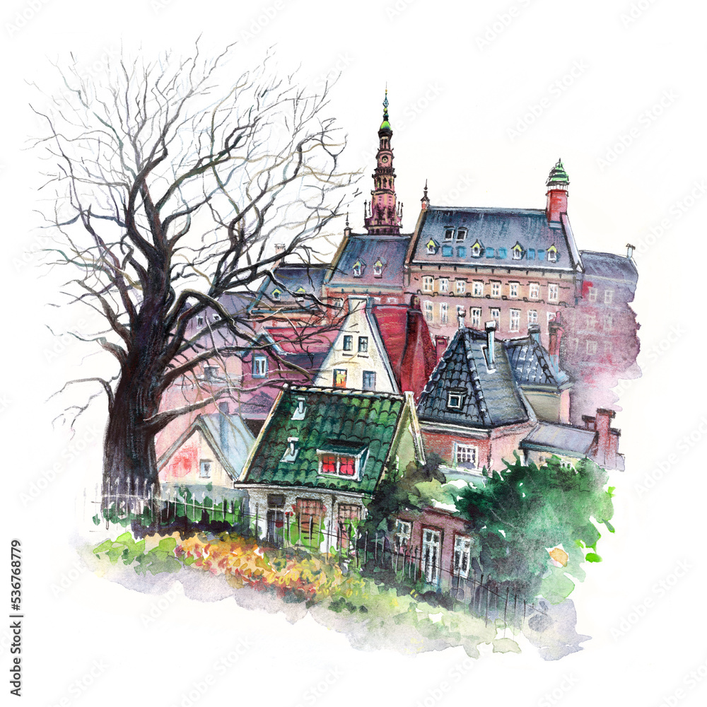 Colour watercolor sketch of Pieterskerk in Old Town of Leiden, Holland, Netherlands