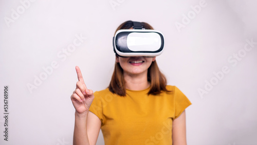 Asian woman wear VR glasses For seeing in the virtual world  virtual vision technology