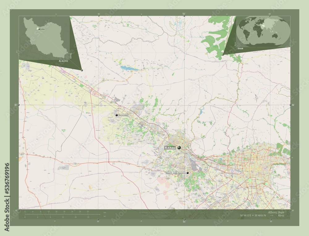 Fototapeta premium Alborz, Iran. OSM. Labelled points of cities