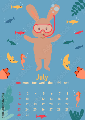 Calendar 2023 for July. Year of the rabbit, symbol of the new year. The week starts on Sunday. A cute rabbit in a diving mask swims underwater with fish.