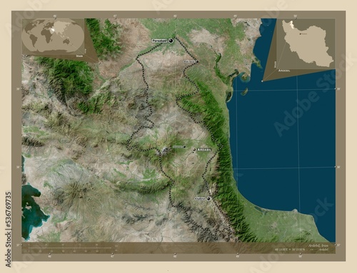 Ardebil, Iran. High-res satellite. Labelled points of cities photo