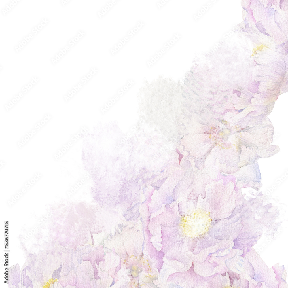 Watercolor pastel background arrangement with hand drawn delicate pink peony flowers, buds and leaves. Isolated on white. For invitations, wedding, love or greeting cards, paper, print, textile