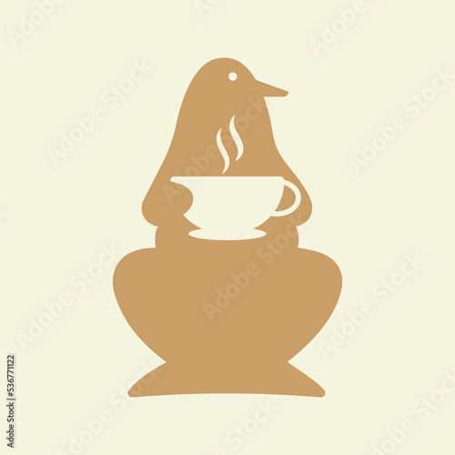 Penguin Tea Cup Logo Negative Space Concept Vector Template. Penguin Holding Tea Cup Symbol