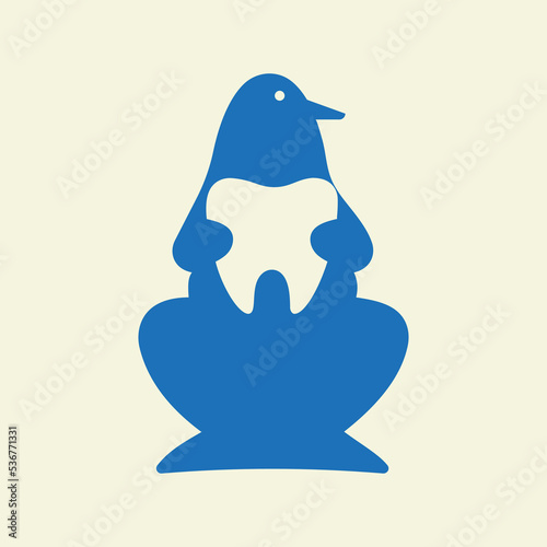 Penguin Dental Logo Negative Space Concept Vector Template. Penguin Holding Teeth Symbol