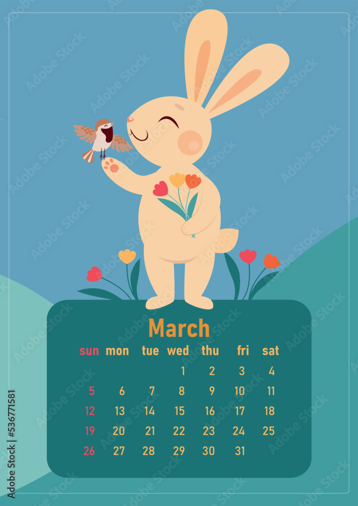 Calendar 2023 for March. Year of the rabbit, symbol of the new year ...