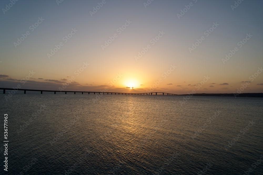 Irabu Bridge leading to Irabu Island and sunset scenery