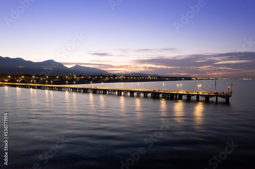 Night aerial view of the pier of Forte dei Marmi Tuscany Italy