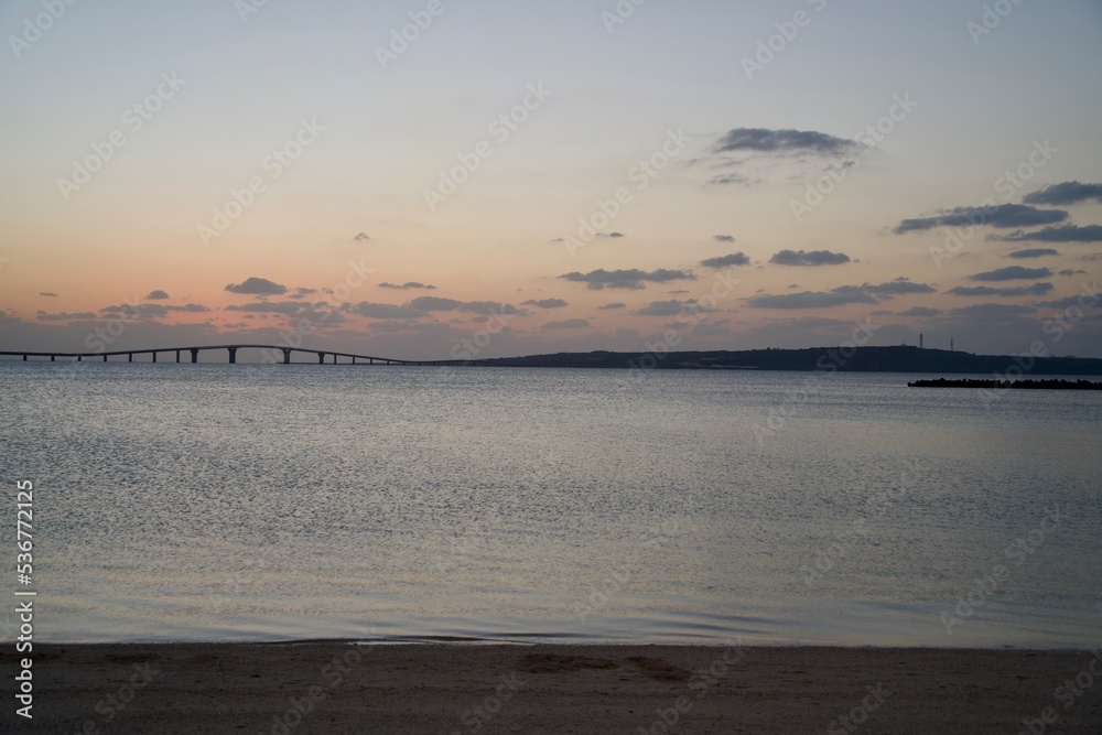 View of Irabu Bridge and Irabu Island after sunset
