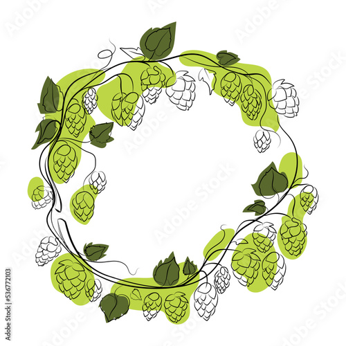 Hops wreath frame with green shapes hand drawn branches with leaves and cones vector isolated illustration.Hops design element for label,label,logo template with place for text