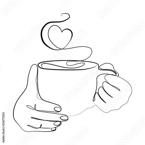 Hot drink cup with steam heart shape in hands, logo,emblem,fashion print template,Line drawing in Minimalist style vector illustration.Hands with a cup of tea or fragrant coffee sketch drawing