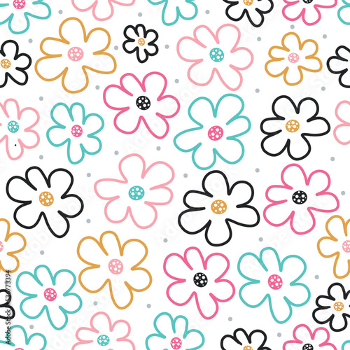 Seamless pattern simple cute flower and dot   design for scrapbooking  decoration  cards  paper goods  background  wallpaper  wrapping  fabric and all your creative projects. Vector Illustration