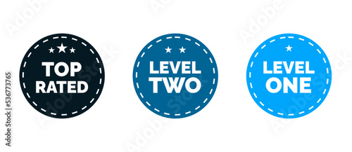 icon pin label rating performance apps or website or staff. top rated, level two and level one.