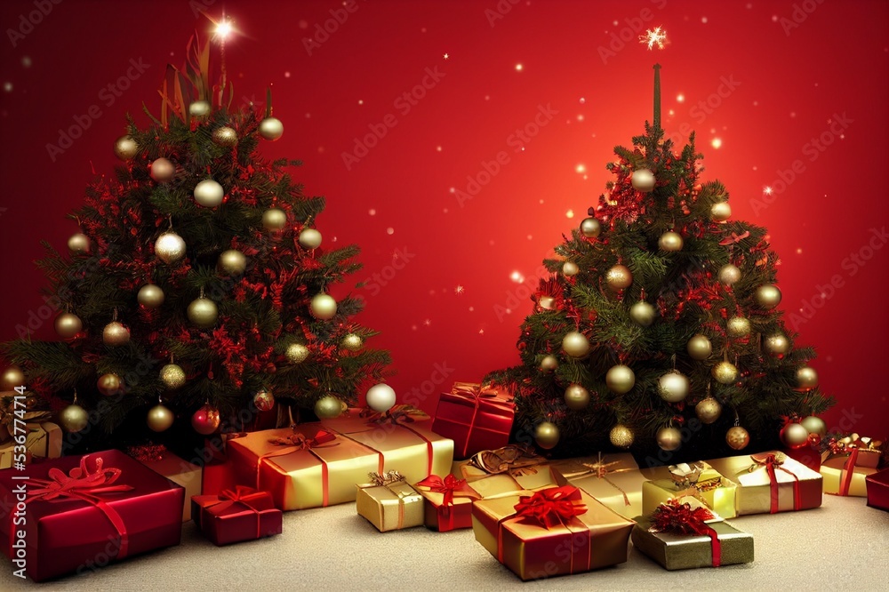 New Year, Christmas tree with gifts, red background