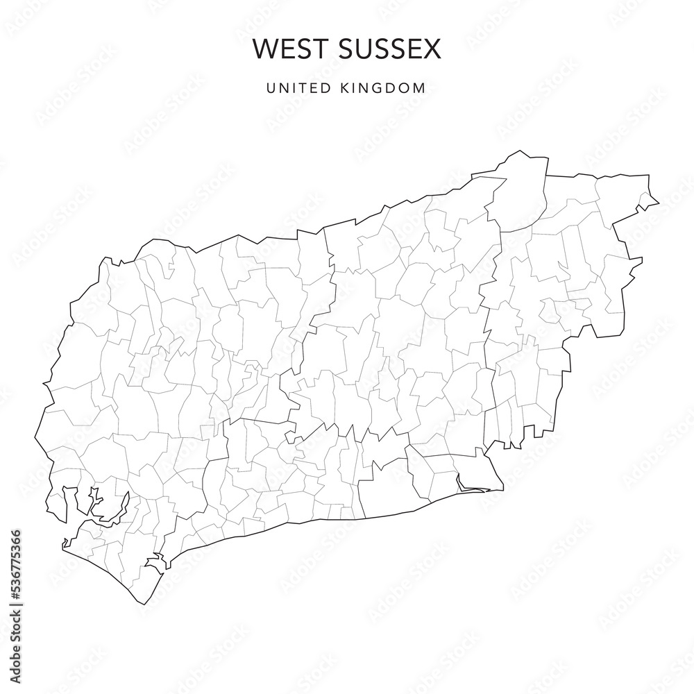 Administrative Map of West Sussex with Counties, Districts and Civil Parishes as of 2022 - United Kingdom, England - Vector Map