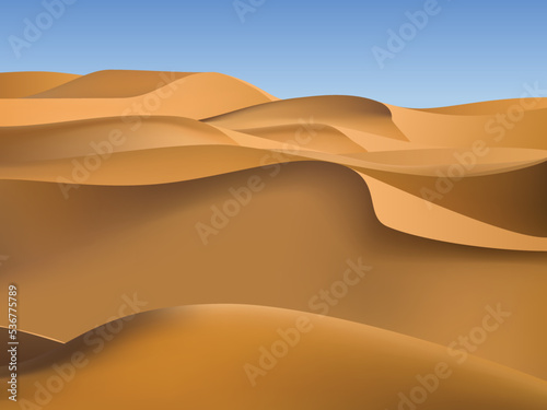Desert landscape with golden sand dunes. Hot dry deserted african or mexican nature background with Cartoon vector illustration