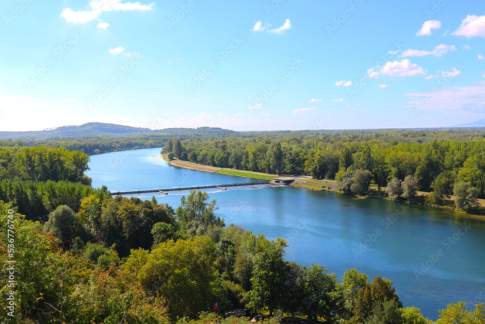 Fototapeta premium Aerial view at old Rhine river with weir in the Upper Rhine Valley (Sasbach, Germany)