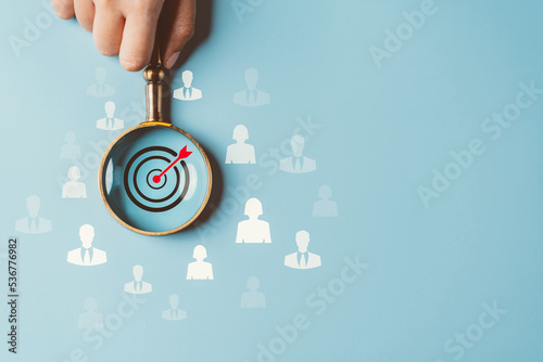 Obraz na plátně HRM or Human Resource Management, Magnifier glass focus to manager business icon which is among staff icons for human development recruitment leadership and customer target group concept