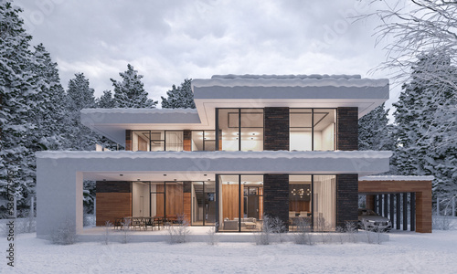 3D rendering of a modern house with a carport. House in the winter in the snow.