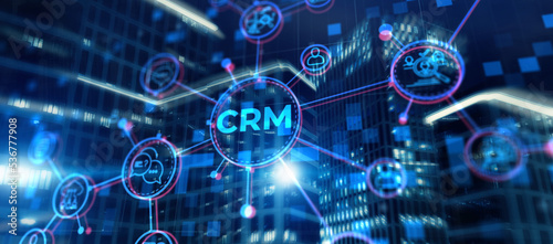 CRM. Customer Relationship Management on modern city background