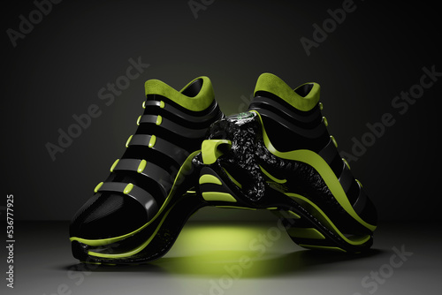 Colorful sneakers on the sole. The concept of bright fashionable sneakers, 3D rendering.