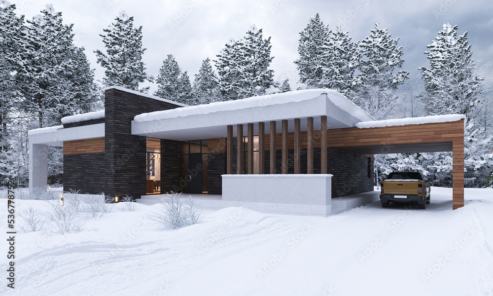 3D visualization of a modern house with a canopy. House in the winter in the snow