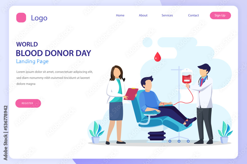 World blood day landing page website flat vector template World blood day landing page website flat vector template