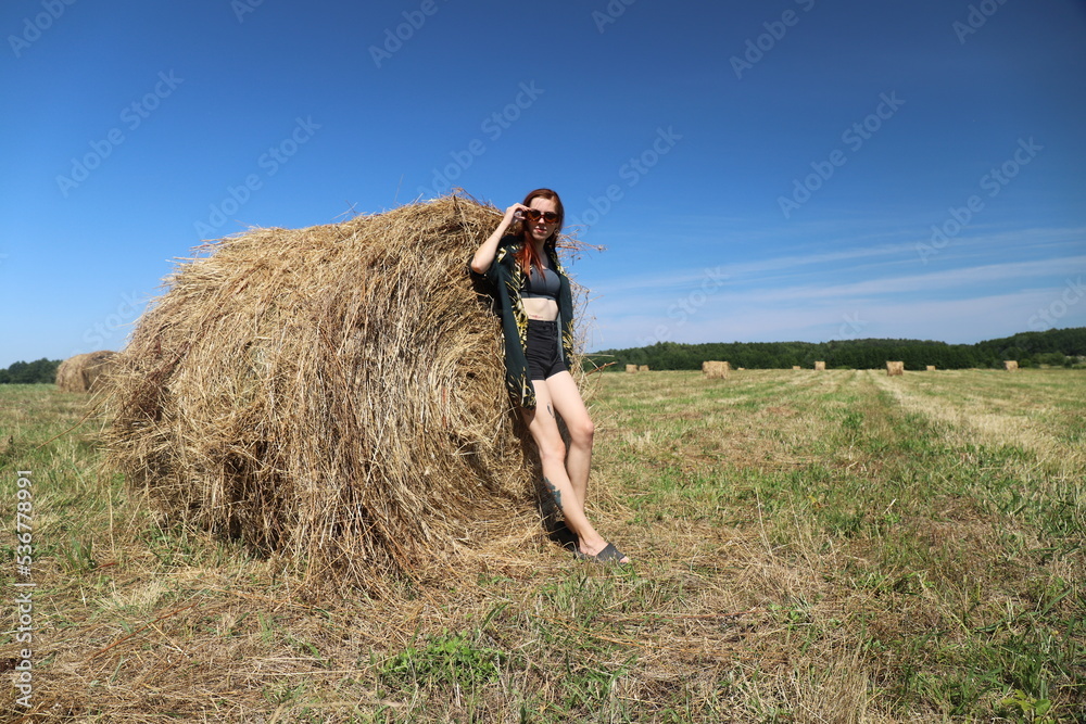 girl resting in a field on a haystack girl resting in a field on a haystack