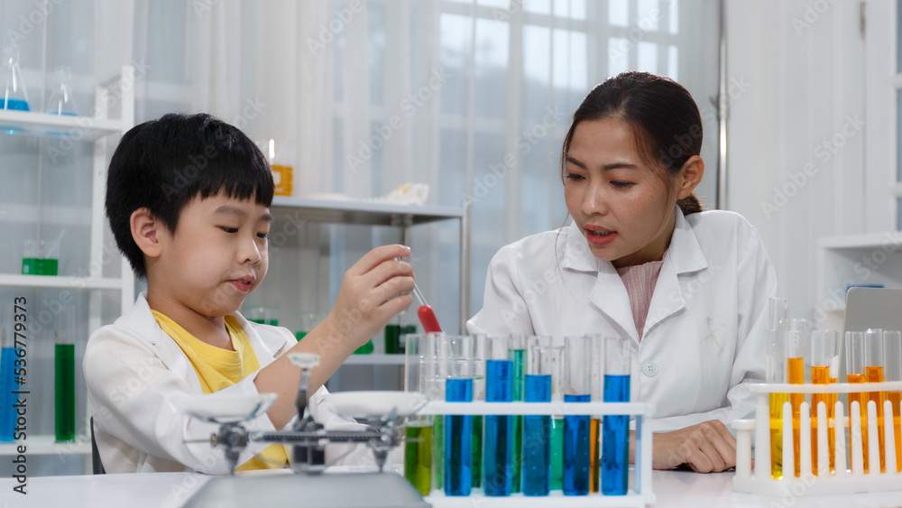 Asian boy and female teacher learn to experiment with mixing liquids in tubes. Science Asian boy and female teacher learn to experiment with mixing liquids in tubes. Science