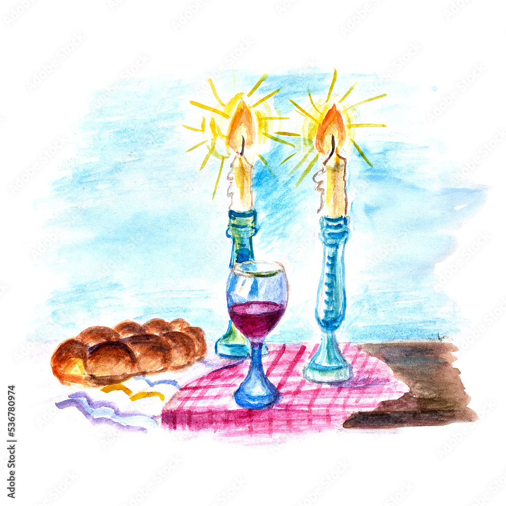 Jewish greetings Shabbat Shalom. Candles, a glass of wine and wicker bread painted in watercolor isolated on white.