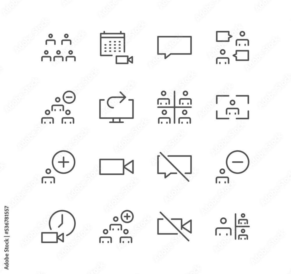 Set of video conference and online meeting icons, share screen, presenter view, button, switch, screen, education, view and linear variety vectors. Set of video conference and online meeting icons, share screen, presenter view, button, switch, screen, education, view and linear variety vectors.