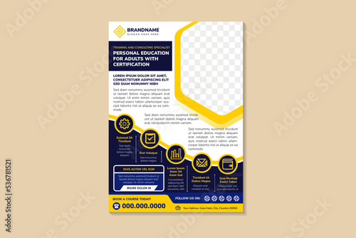 School admission flyer template. back to school education poster, brochure cover layout for social or print. training and consultant specialist with vertical layout. combination blue yellow element. 
