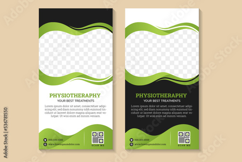 collection banner template design with headline is physiotherapy, best your treatment. space of photo collage. Advertising flyer in vertical layout. green gradient, black and white background element.
