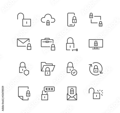 Set of locks and related icons, locked folder, locked phone, change password, cloud, file and linear variety vectors.