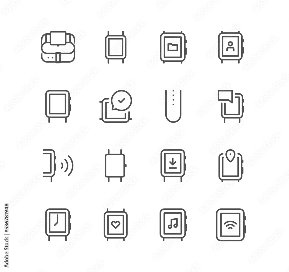 Set of smart watch and technology icons, wearable, time, wireless, heart beat, music, navigation and linear variety vectors.
