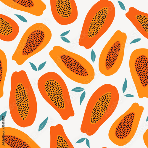 Exotic fruit seamless pattern with orange papaya on white background. Hand drawn summer tropic fruit texture. Vector fruit illustration. For textiles, clothing, bed linen, office supplies.