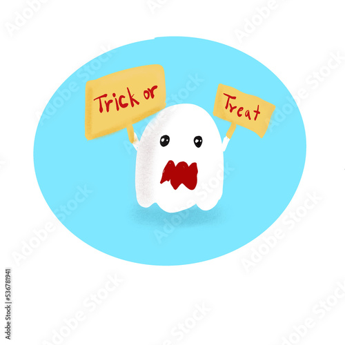 Cute ghost holding board with Trick or treat. 