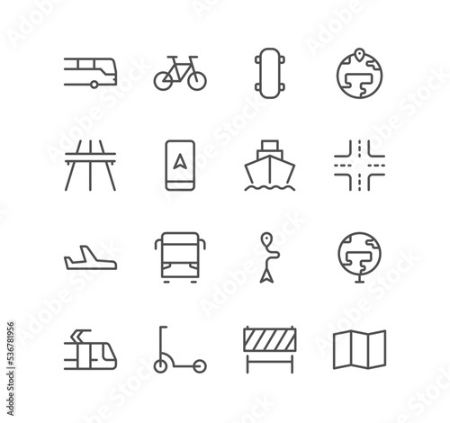 Set of vehicle and transportation icons, travel, bike, rail, car, transit and linear variety vectors. 