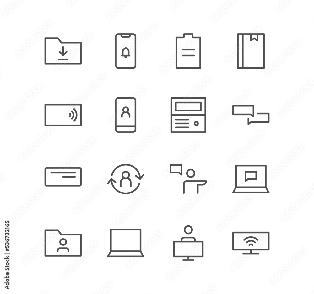 Set of business and communication icons, folder, talk, presentation, chat, book, laptop and linear variety vectors.
Set of business and communication icons, folder, talk, presentation, chat, book, laptop and linear variety vectors.