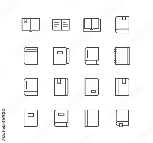 Set of book and learning icons, page, organizer, bookmark, textbook and linear variety vectors. 