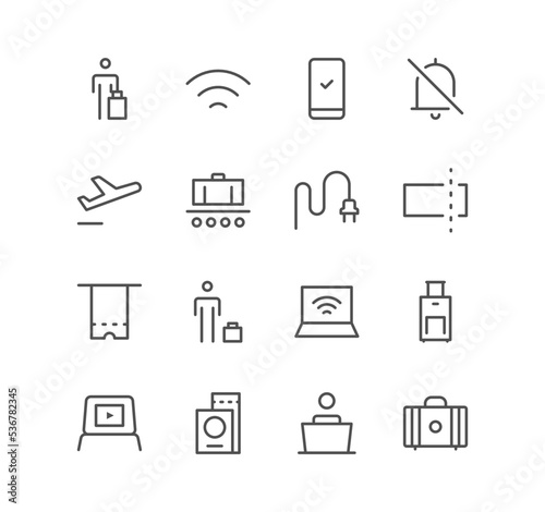 Set of airport and travel icons, departure, arrival, tourism, flight, plane, ticket and linear variety vectors. 