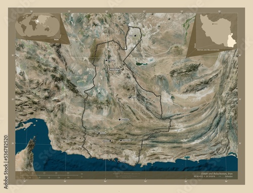 Sistan and Baluchestan, Iran. High-res satellite. Labelled points of cities photo