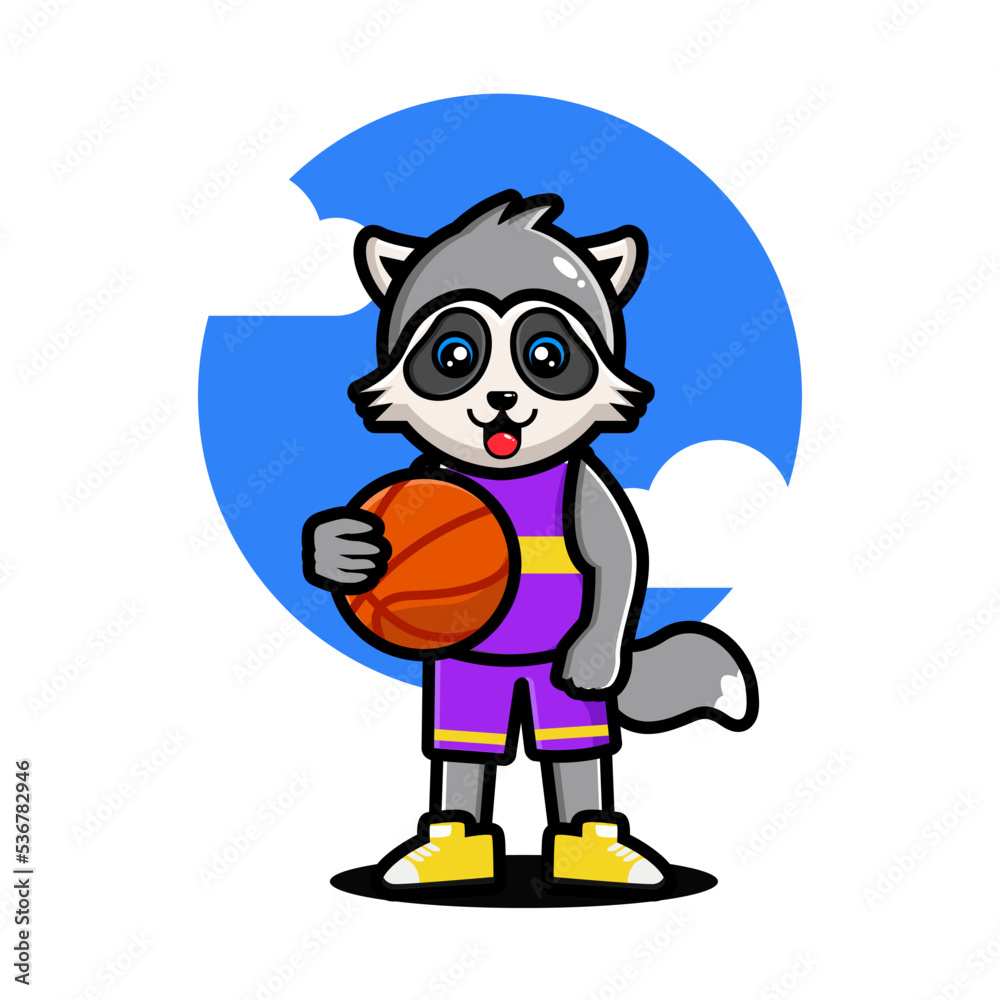 Happy cute raccoon playing basketball