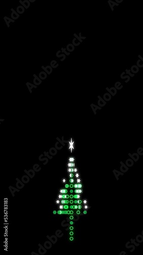 Procedural Christmas Tree.  Christmas tree shape made from on off circles and stars. Vertical format. Last 400 frames loop.