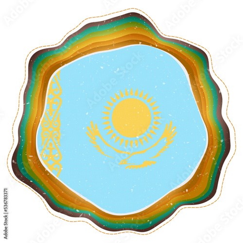 Kazakhstan flag in frame. Badge of the country. Layered circular sign around Kazakhstan flag. Neat vector illustration.